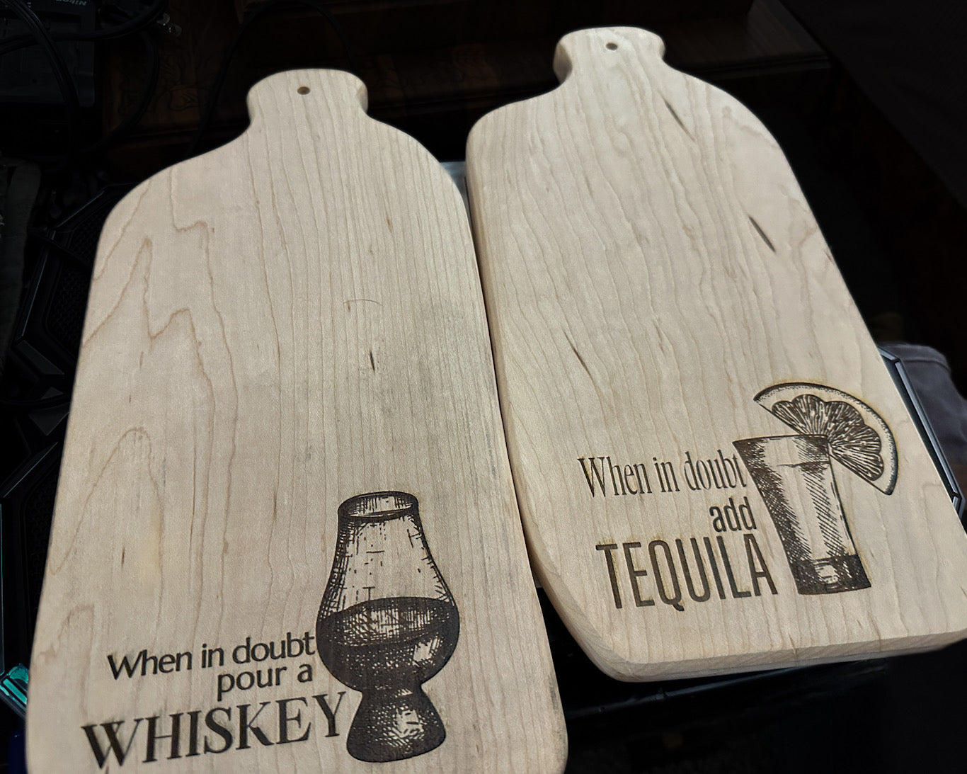 Maple wood serving board engraved with whiskey or tequila design, handmade bar decor