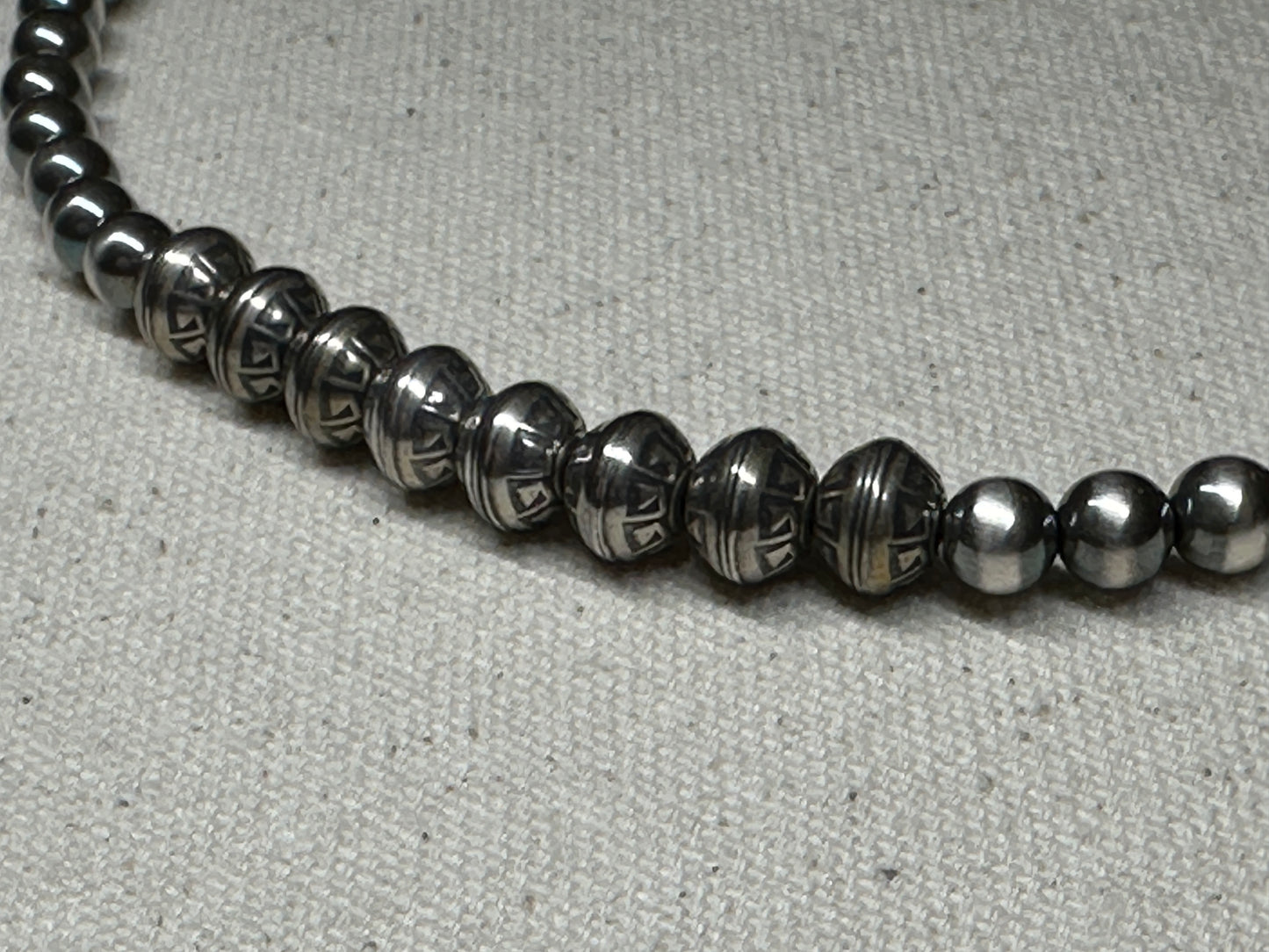 Sterling silver pearl necklace, detail view