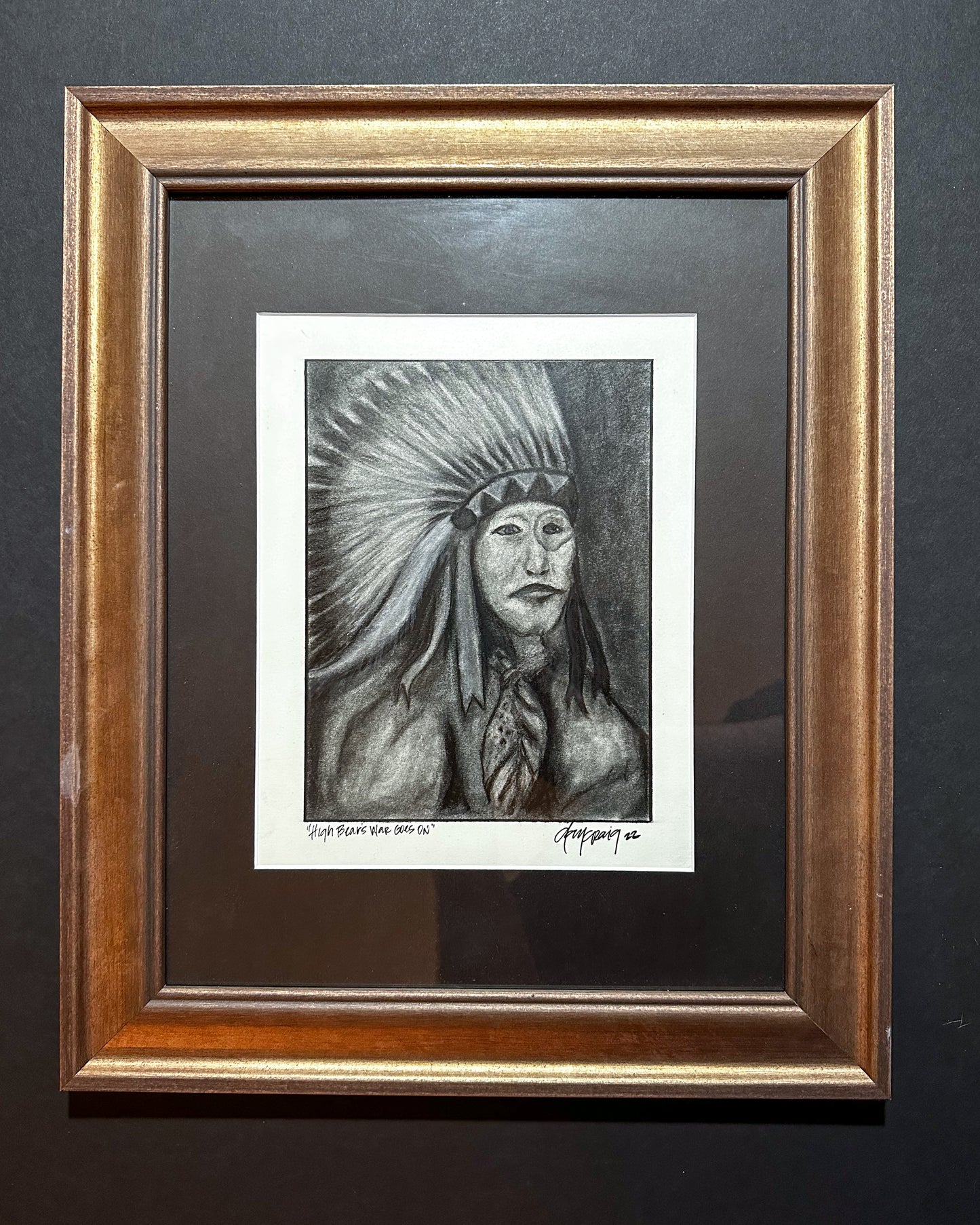 High Bear's War Goes On, original framed charcoal drawing