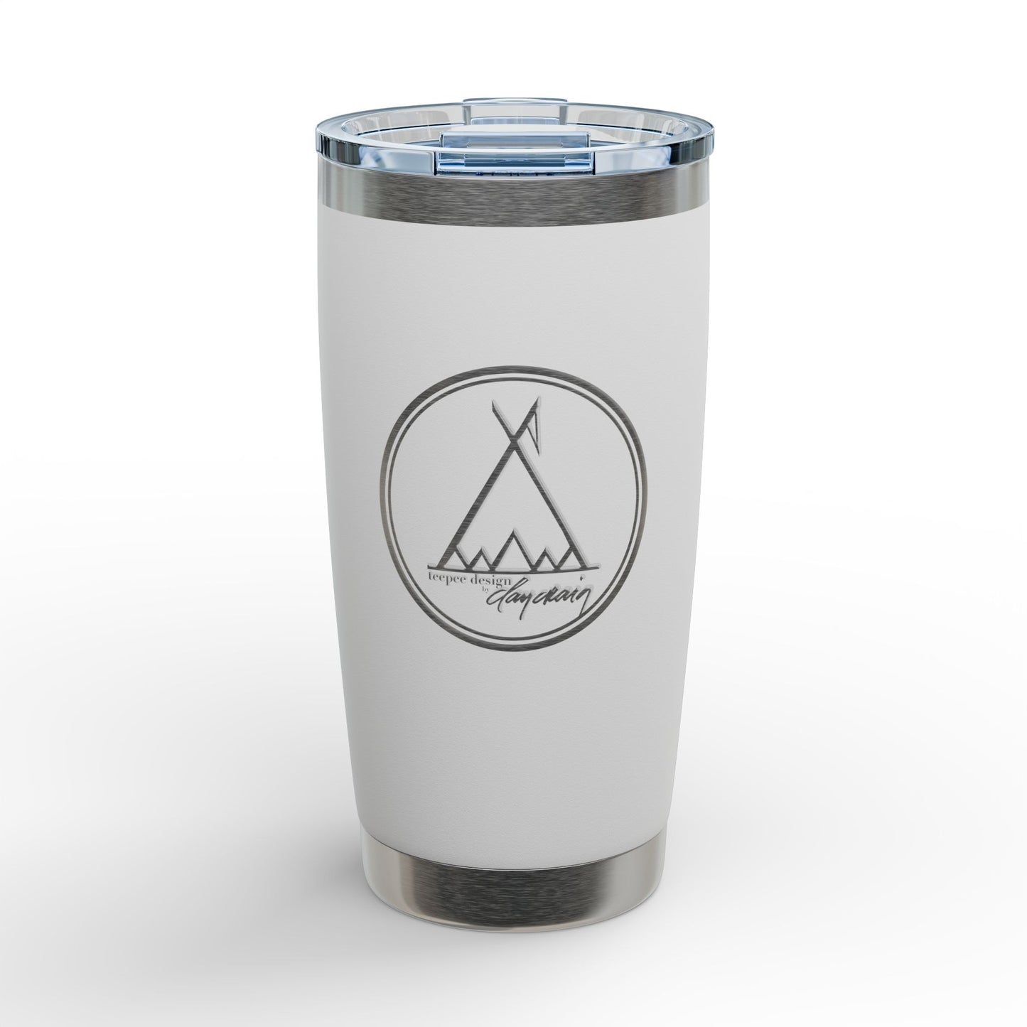 Teepee Design engraved stainless steel tumbler with mountain and tent emblem, 20oz
