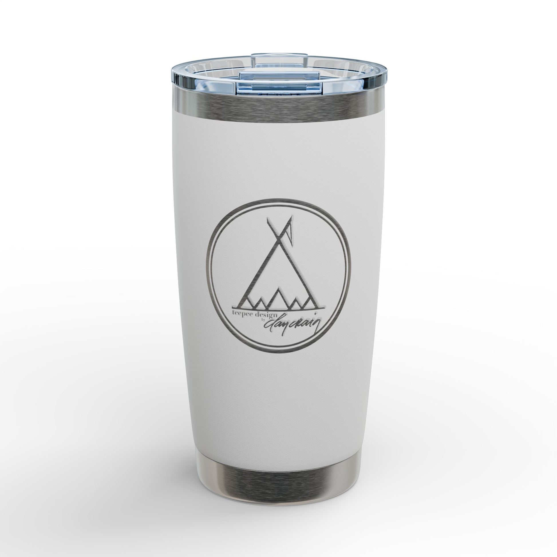 Teepee Design engraved stainless steel tumbler with mountain and tent emblem, 20oz