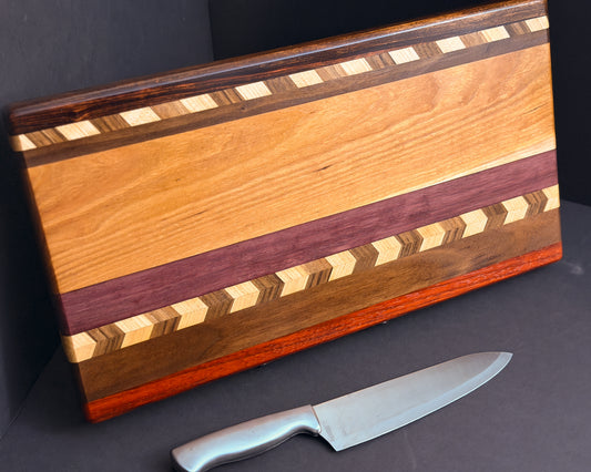 Ribbon stripe cutting board with six wood species, handmade