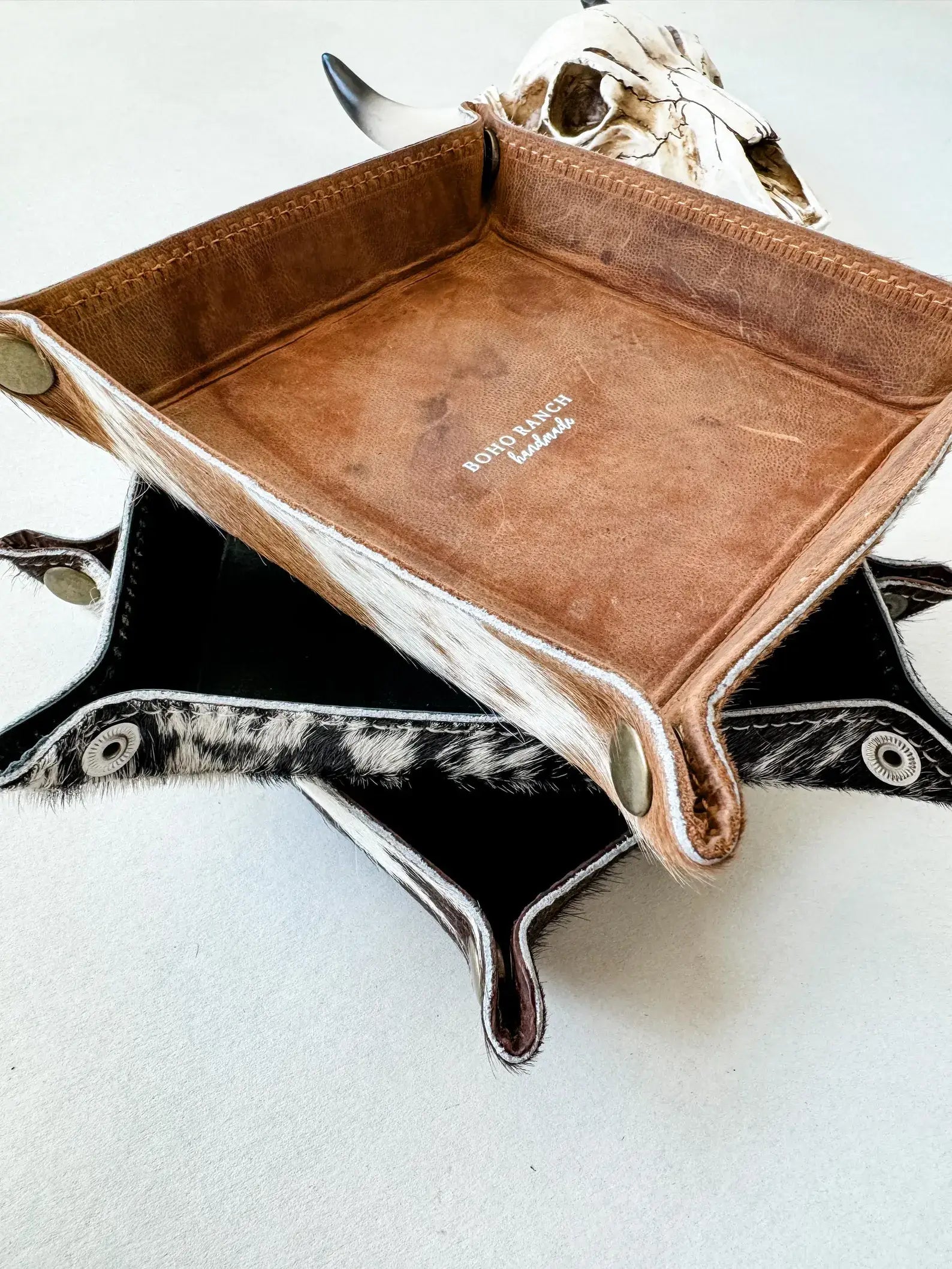 Cowhide leather travel tray for jewelry and keys