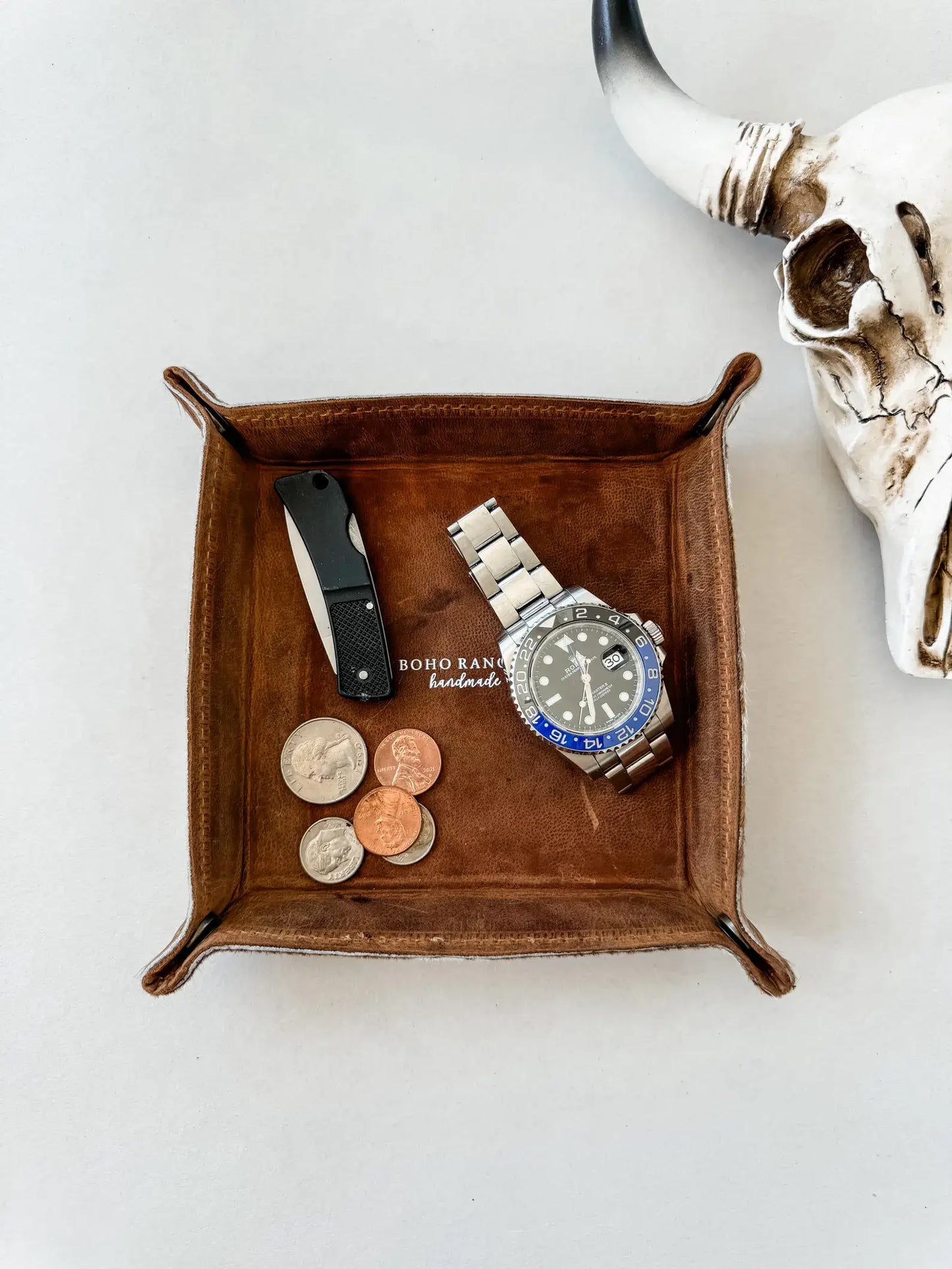 Cowhide leather travel tray, unsnapped flat for travel