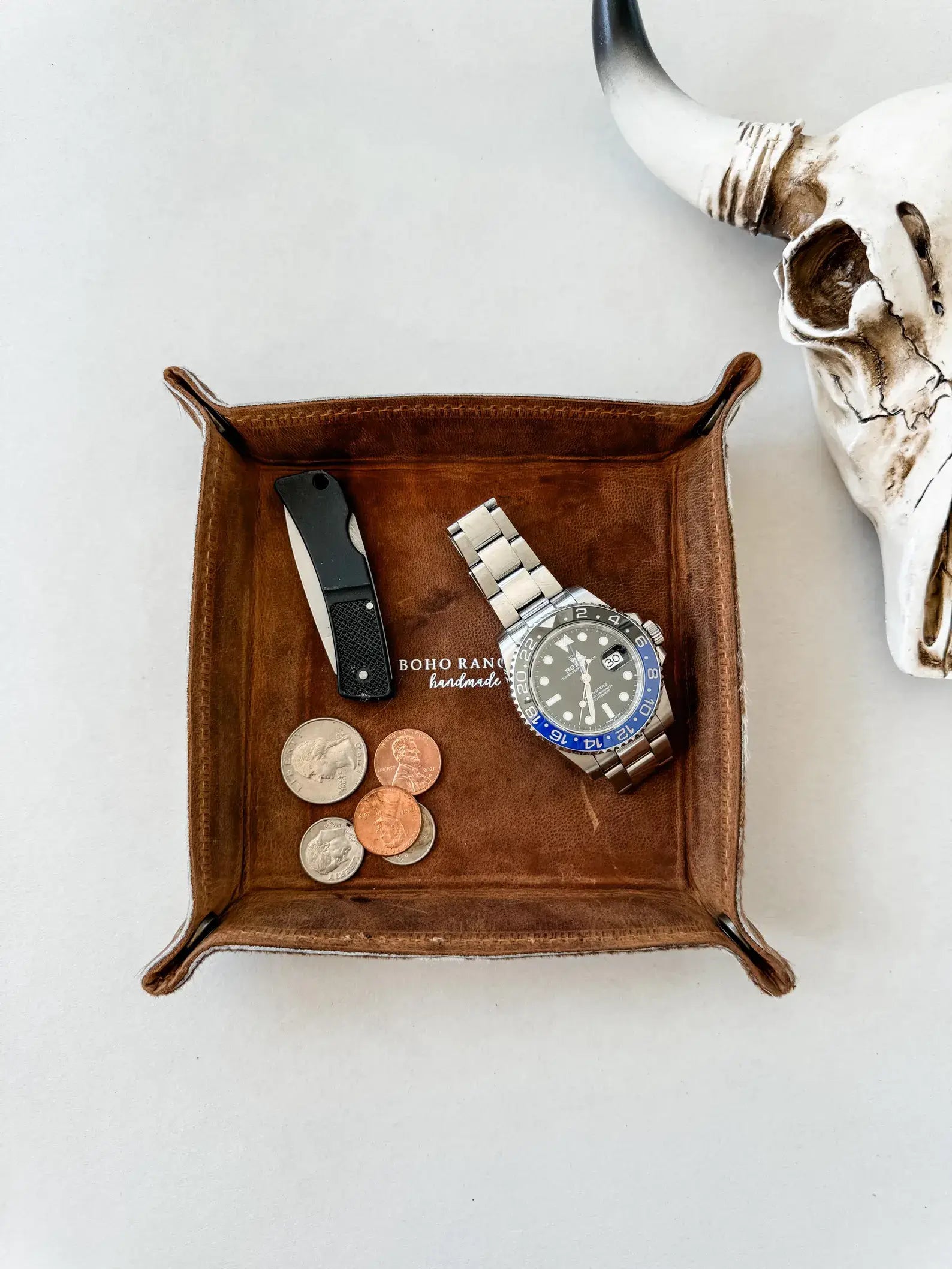 Cowhide leather travel tray, unsnapped flat for travel