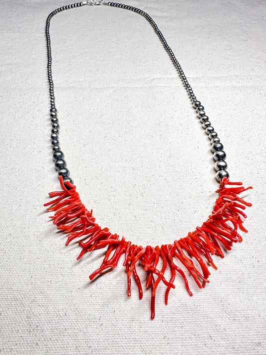 Coral and Sterling Silver necklace 29”