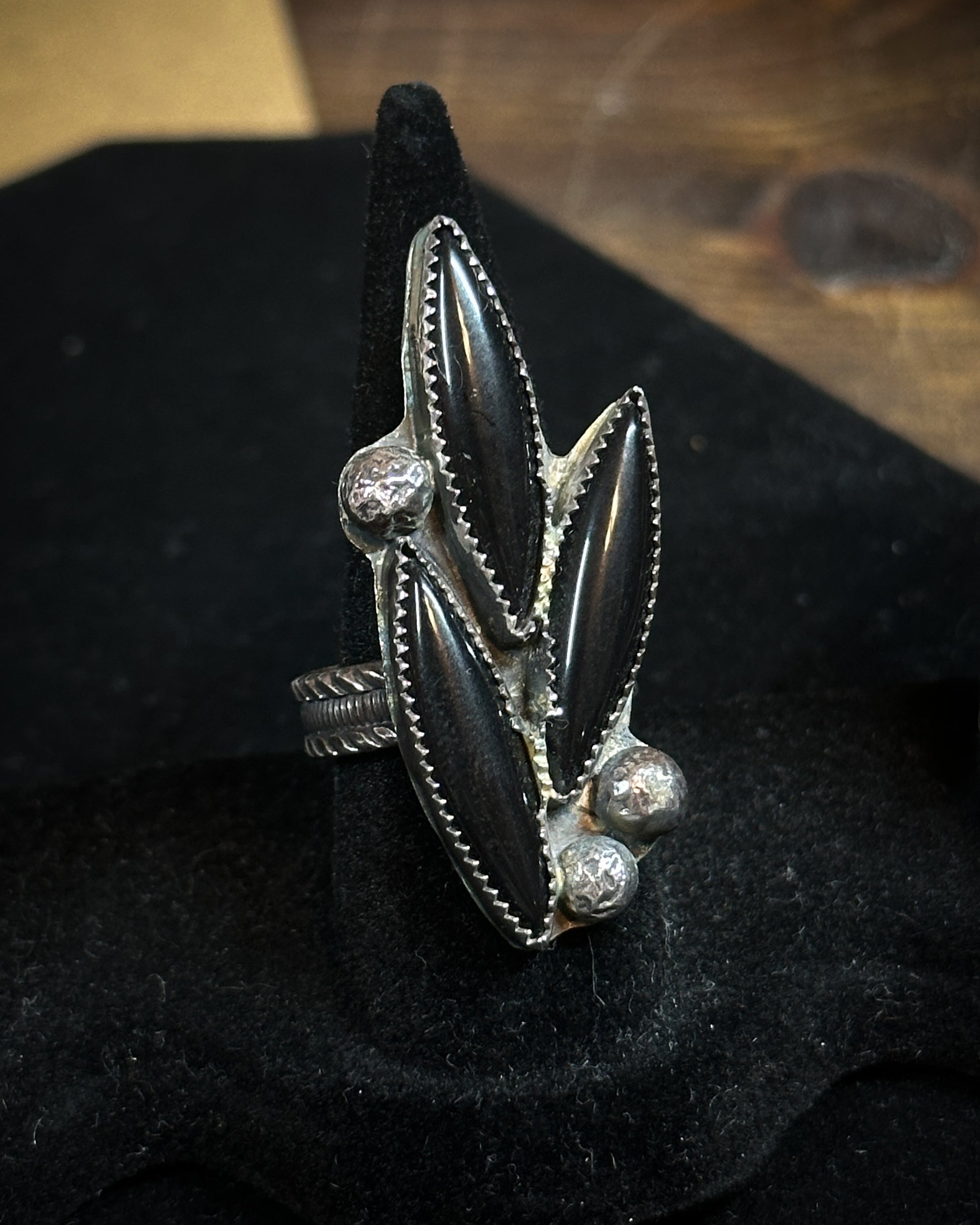 Sterling silver and onyx ring, detail view