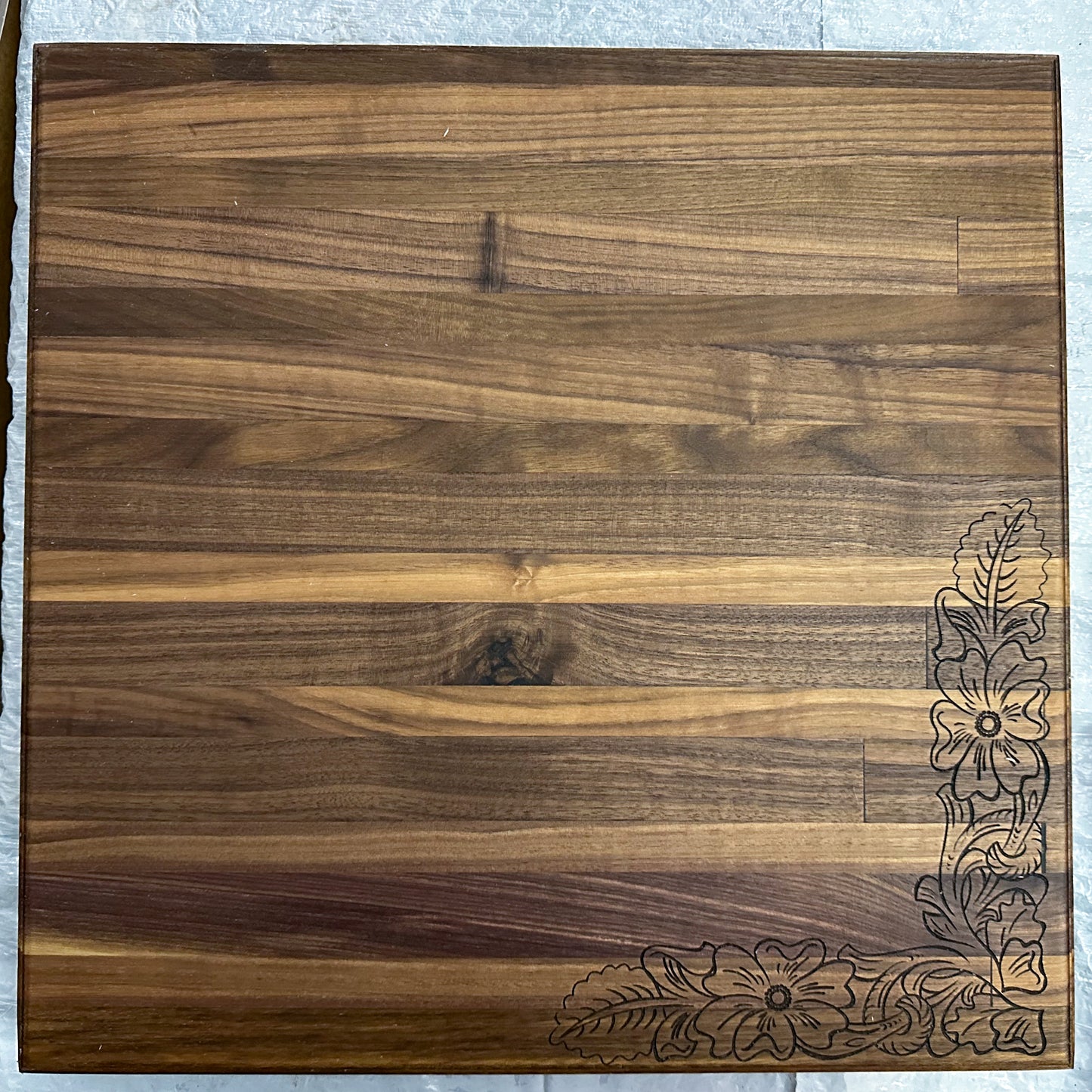 17 x 17 x 1.25 Black Walnut with floral pattern