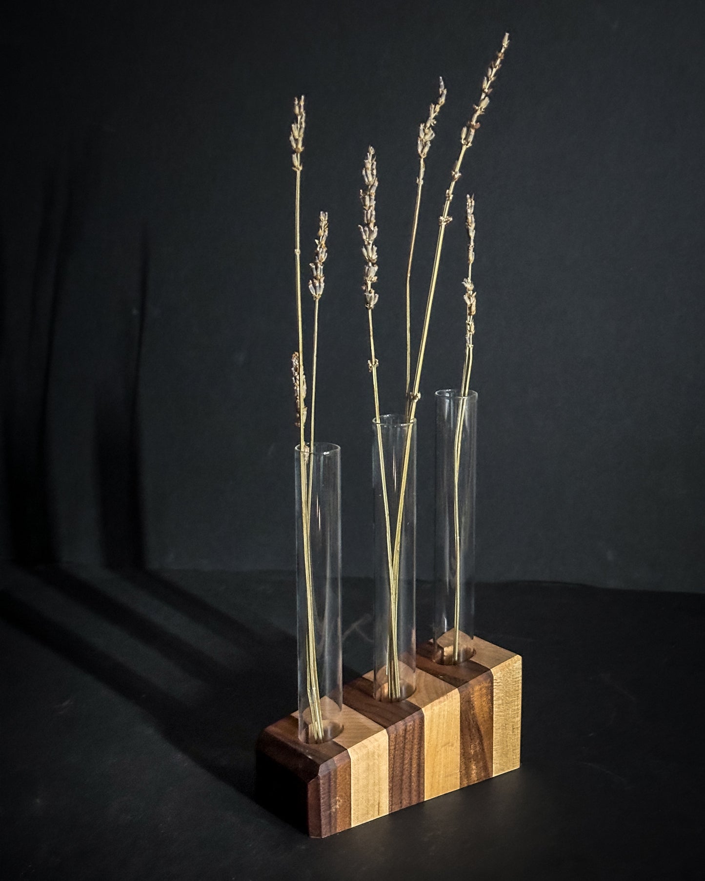Black walnut and maple 3-up bud vase, handmade wooden decor
