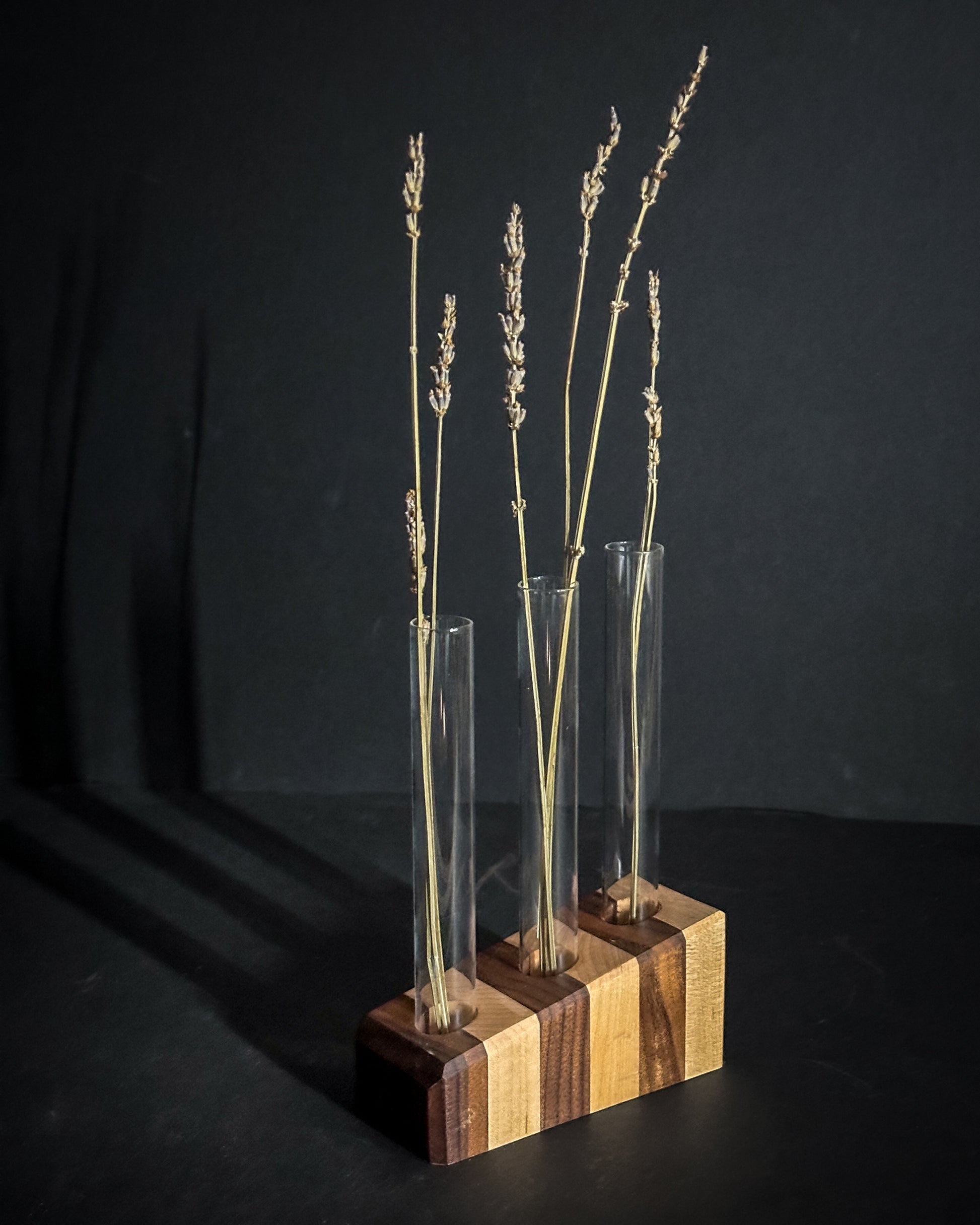 Black walnut and maple 3-up bud vase, handmade wooden decor
