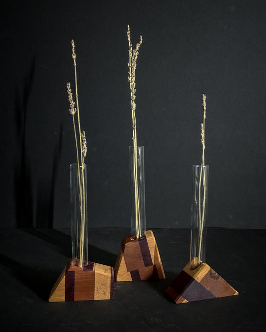 Trio of geometric wooden bud vases, handmade home decor