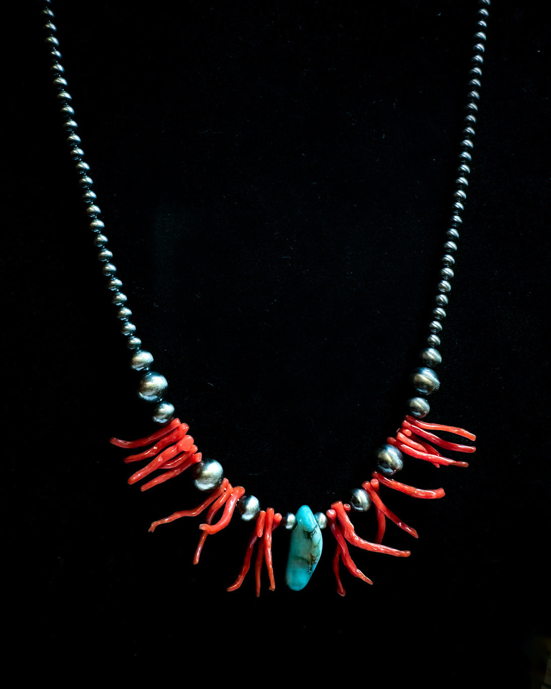 Coral and turquoise necklace with sterling silver pearls, handmade western jewelry
