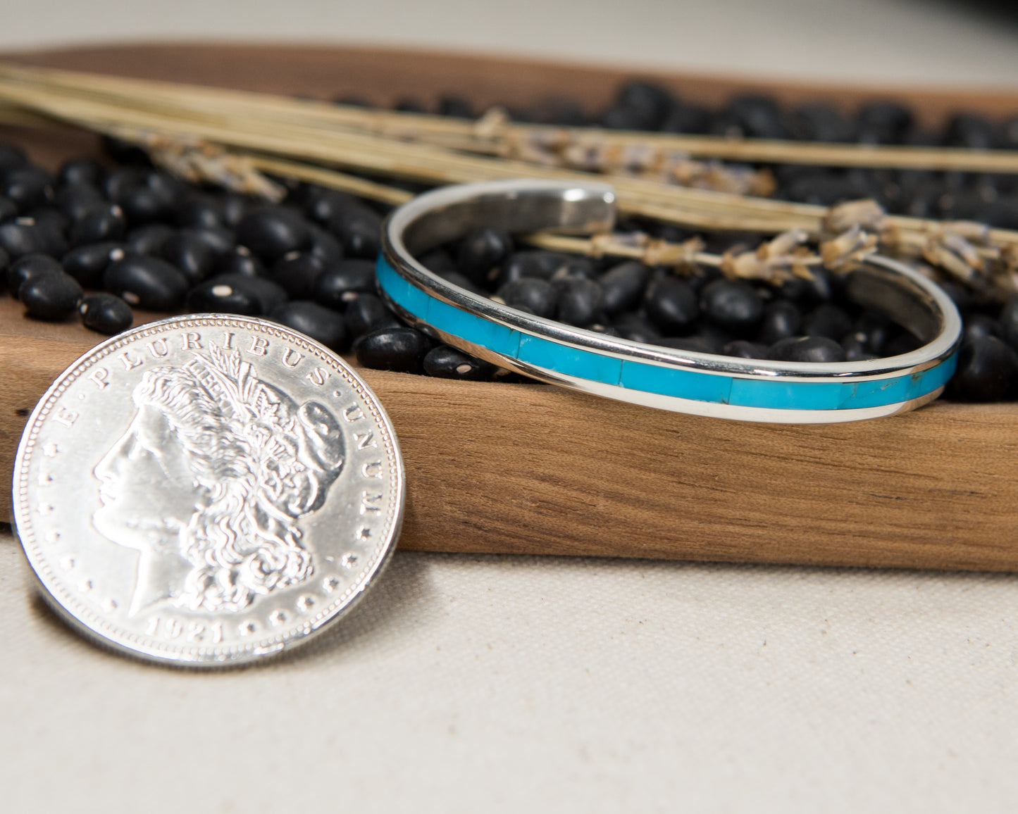 Kingman turquoise inlay cuff, detail view