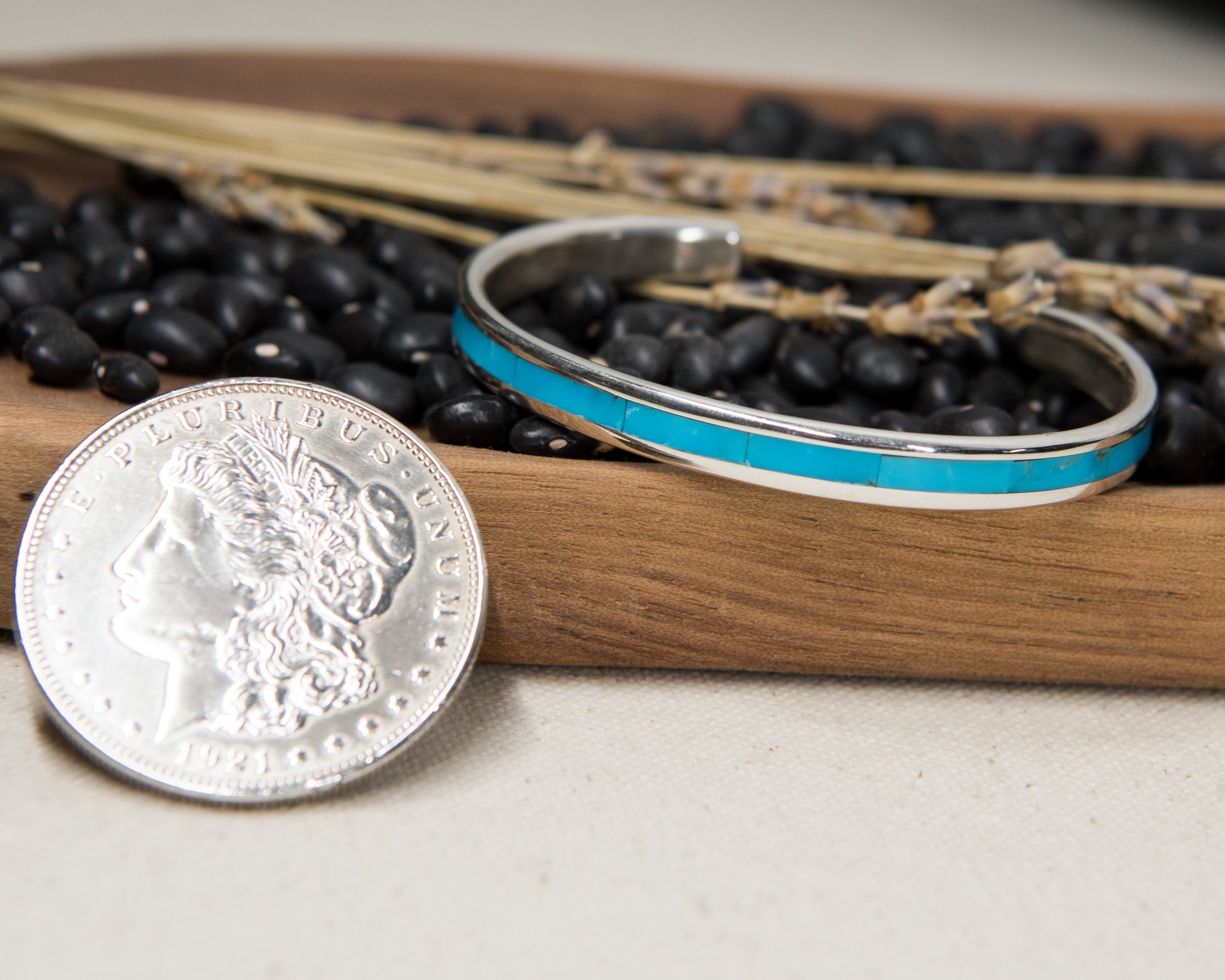 Kingman turquoise inlay cuff, detail view