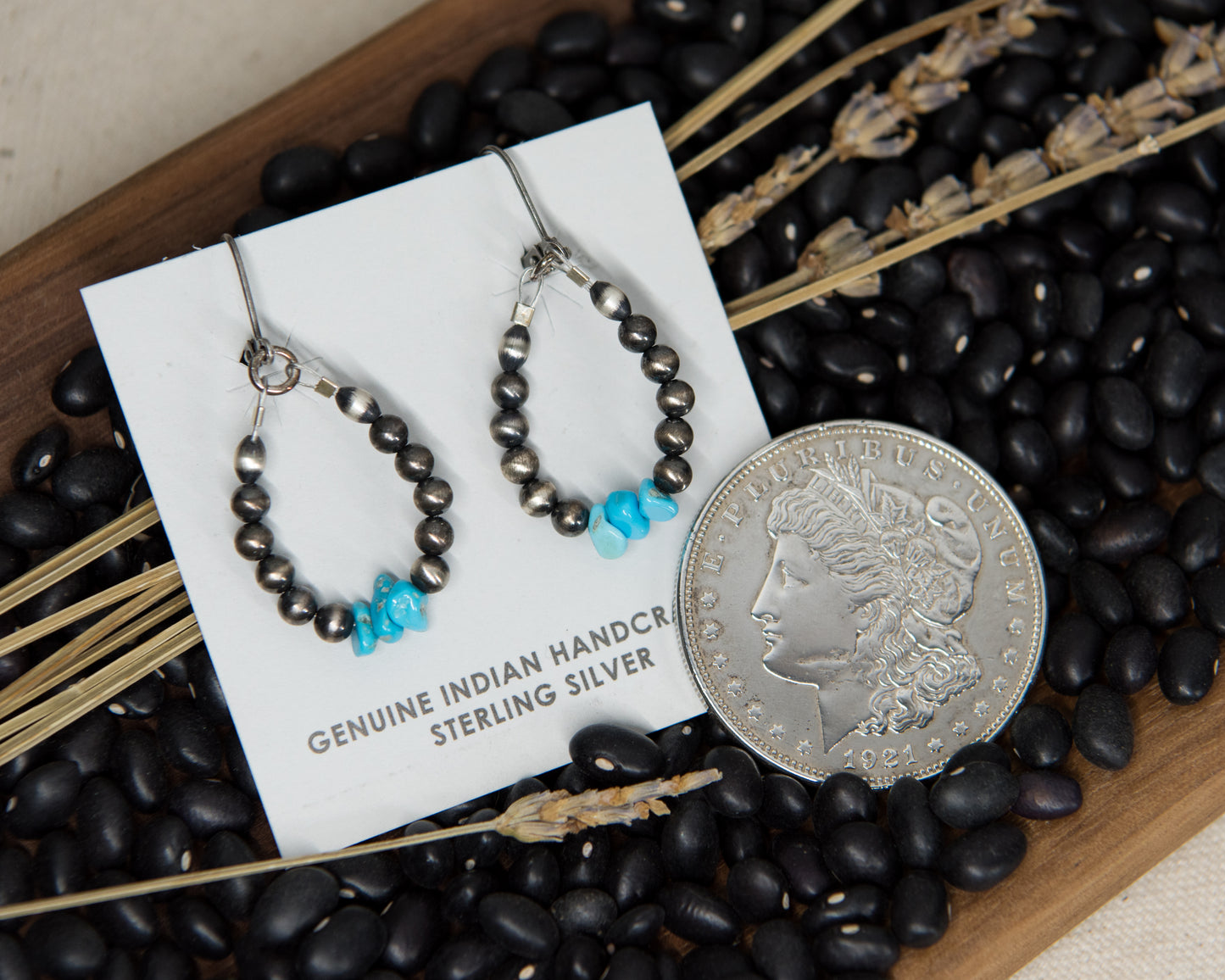Navajo Pearl three stone turquoise lever-back earrings, sterling silver
