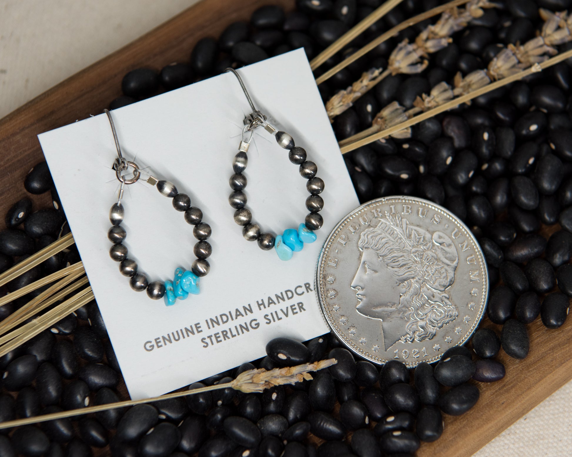 Navajo Pearl three stone turquoise lever-back earrings, sterling silver