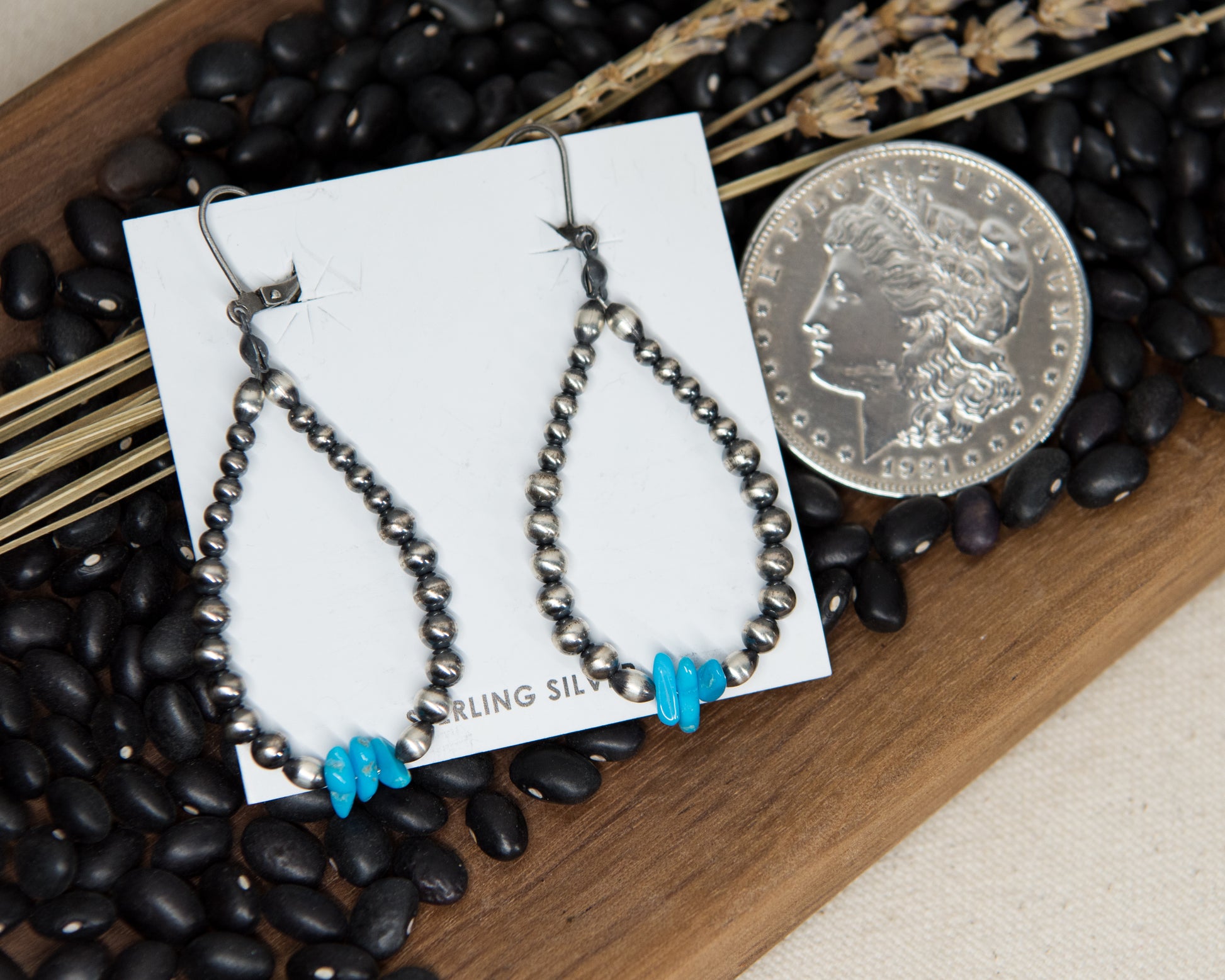 Navajo Pearl three stone turquoise earrings, sterling silver
