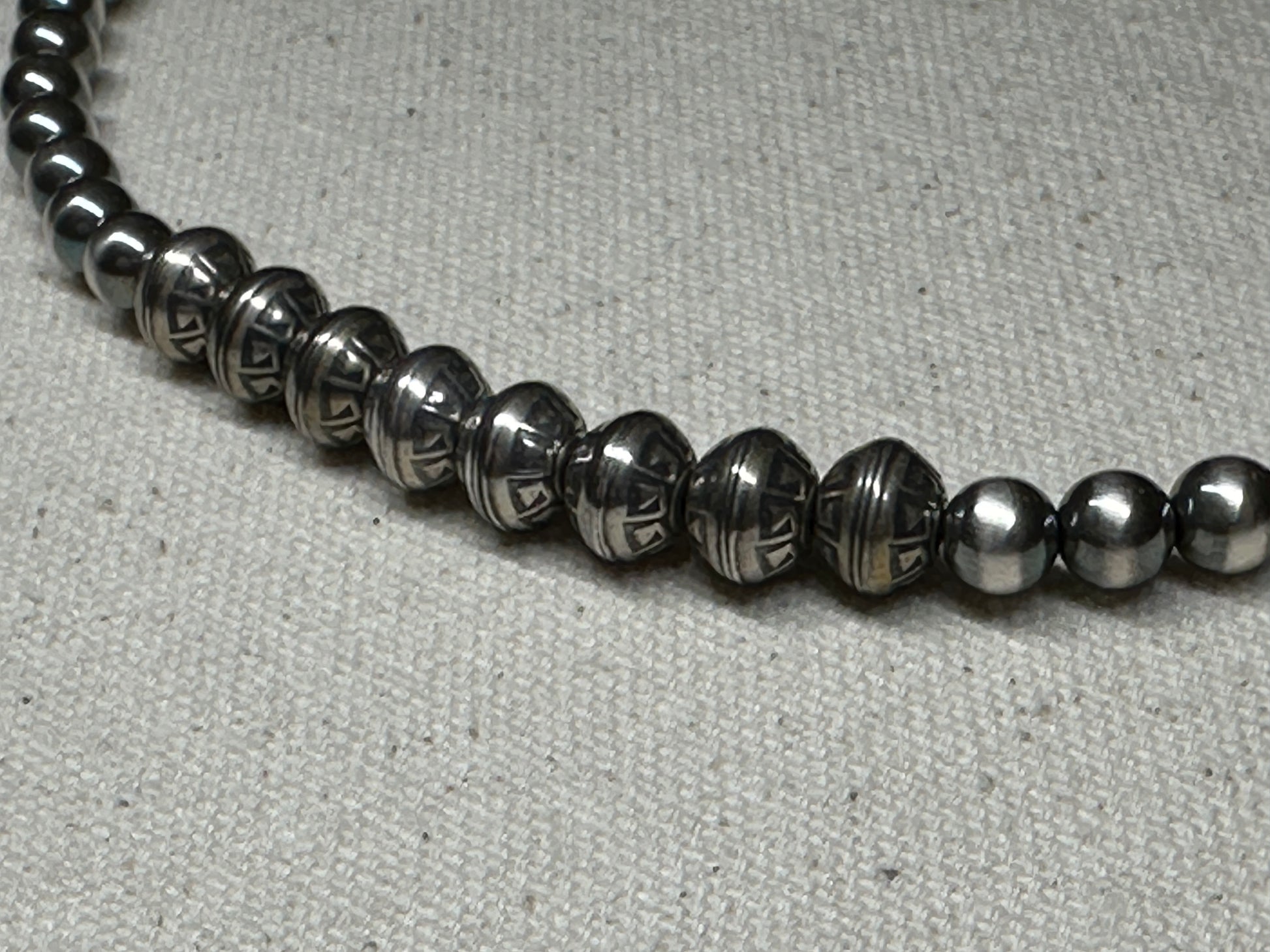 Sterling silver pearl necklace, detail view