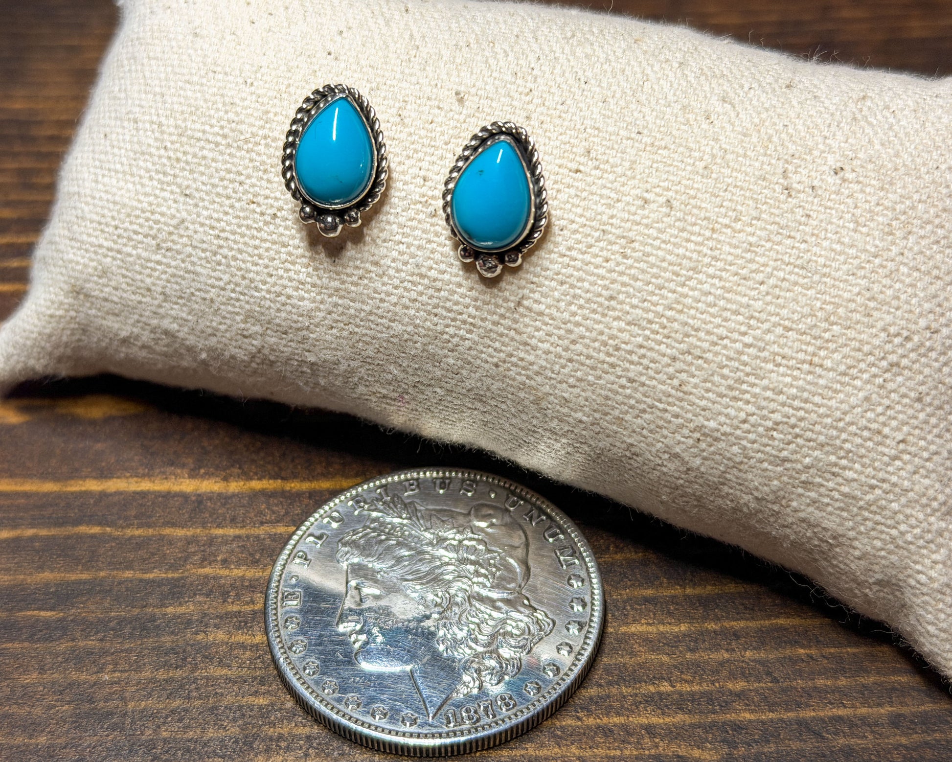 Pear shape turquoise stud earrings, sterling silver