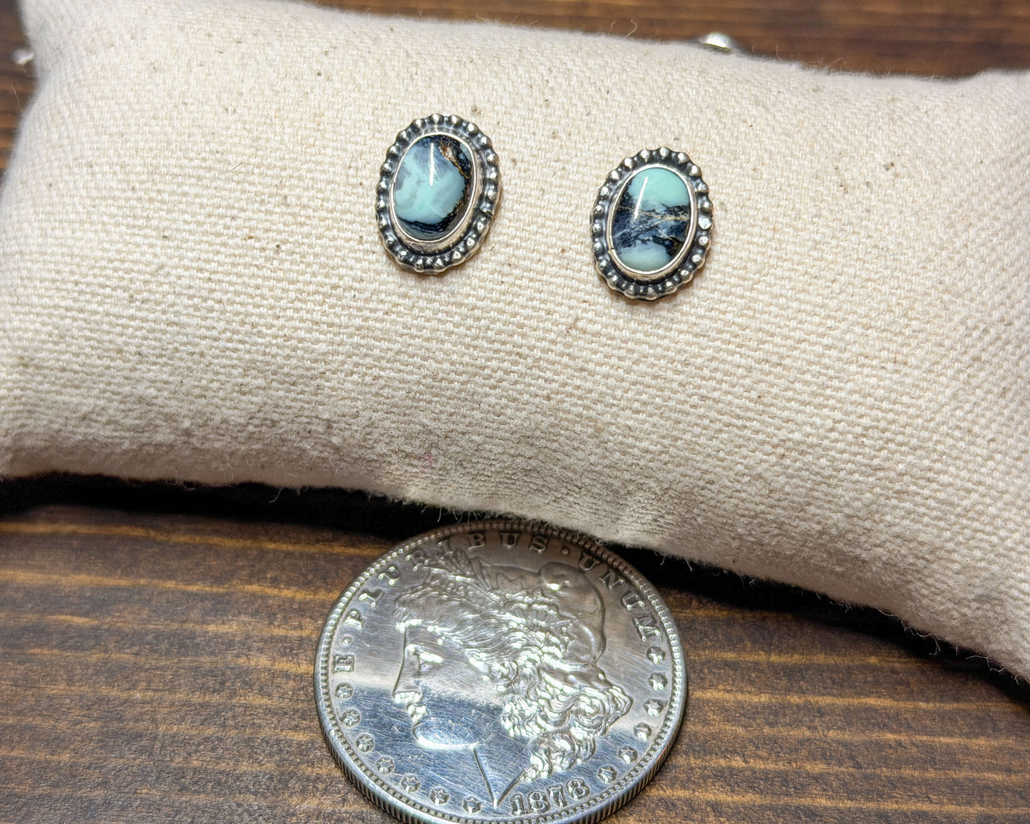 Oval White Buffalo turquoise earrings, sterling silver