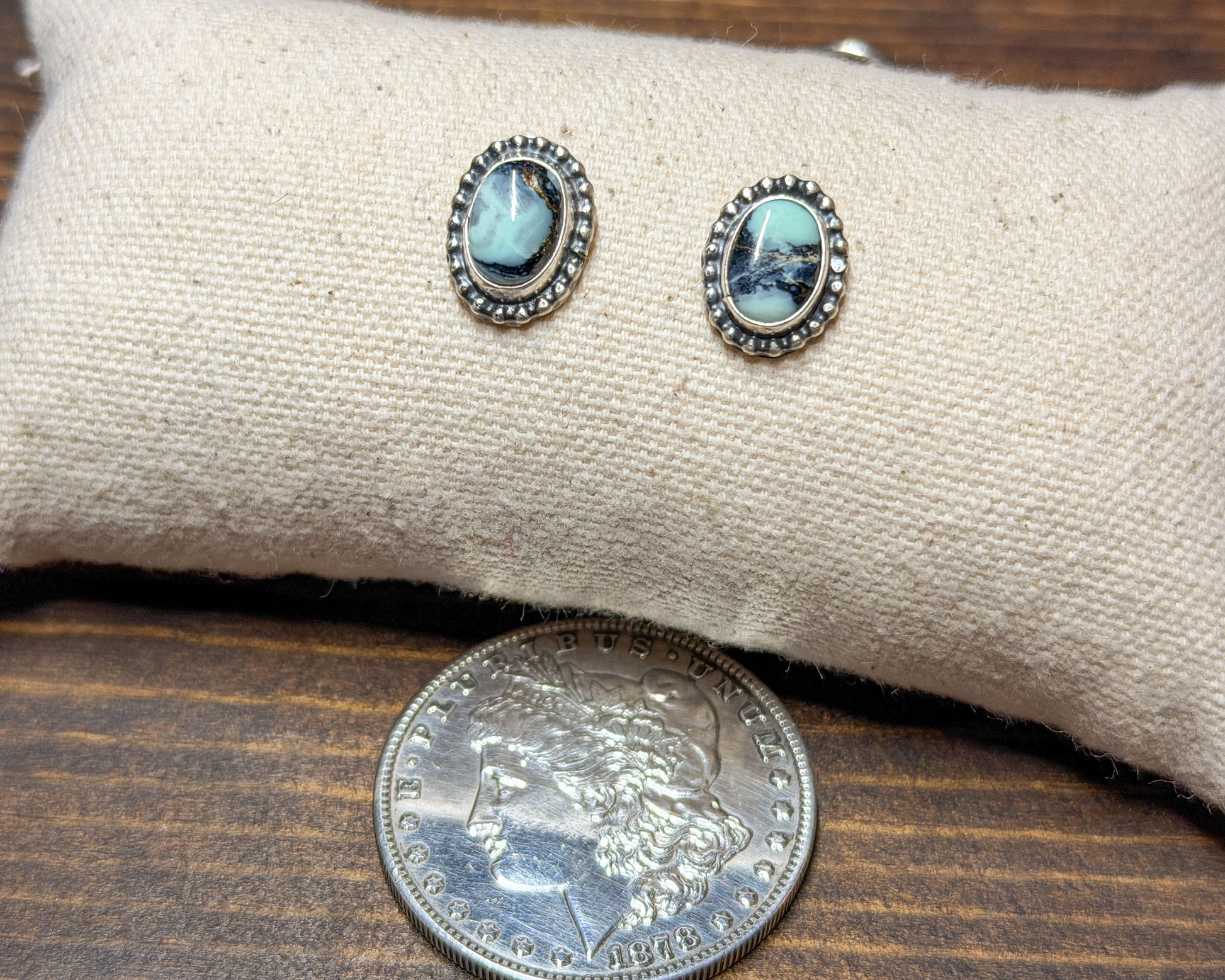 Oval White Buffalo turquoise earrings, sterling silver