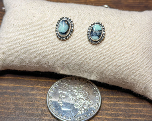 Oval White Buffalo turquoise earrings, sterling silver