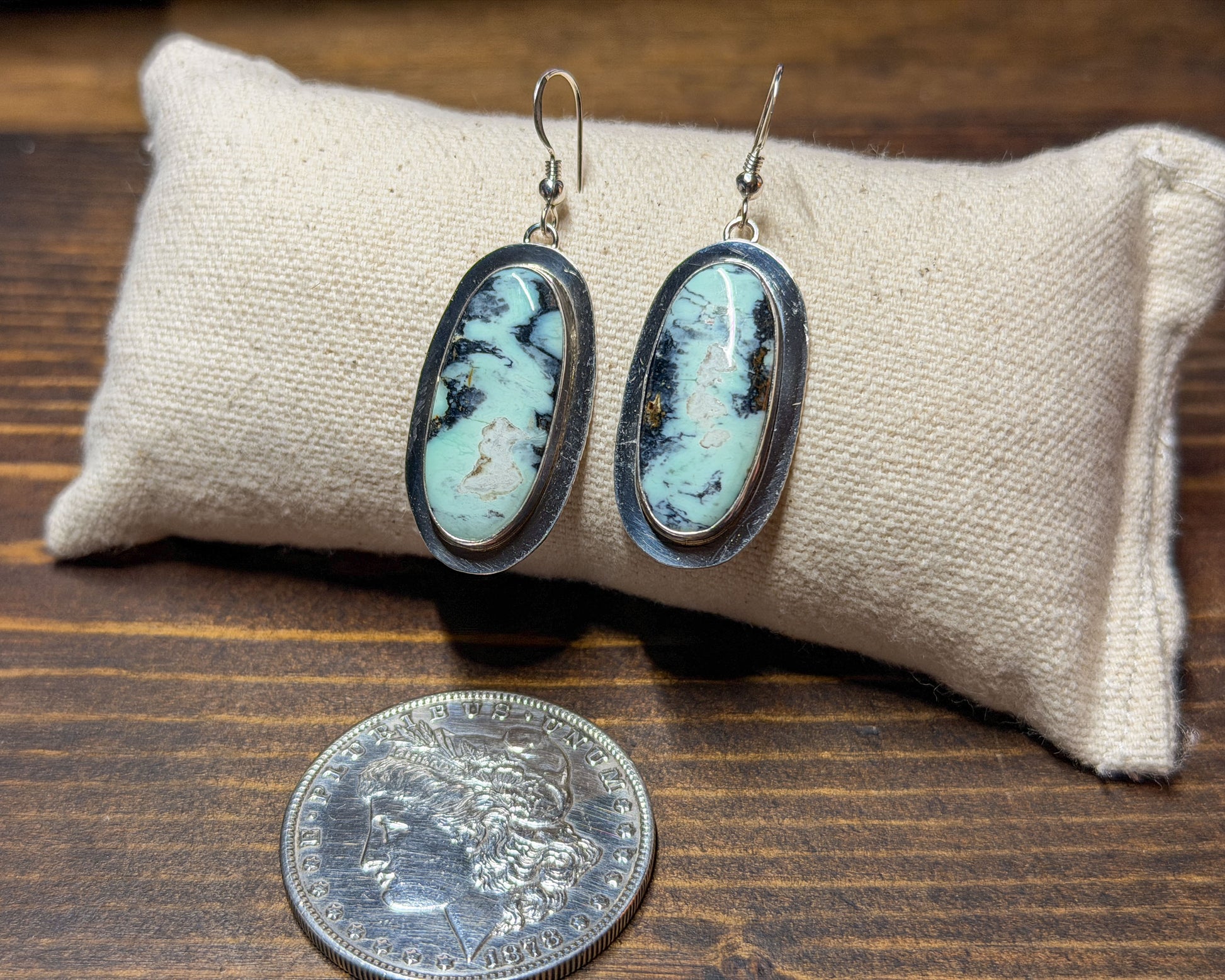 Long oval White Buffalo turquoise earrings, sterling silver, on hooks
