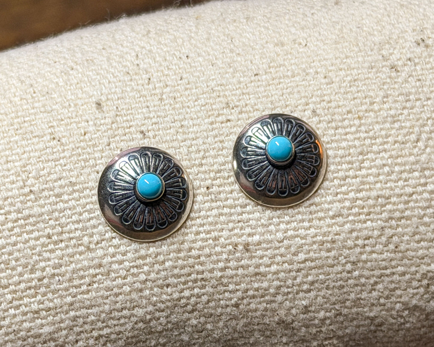 Sterling silver small round turquoise stud earrings, detail view