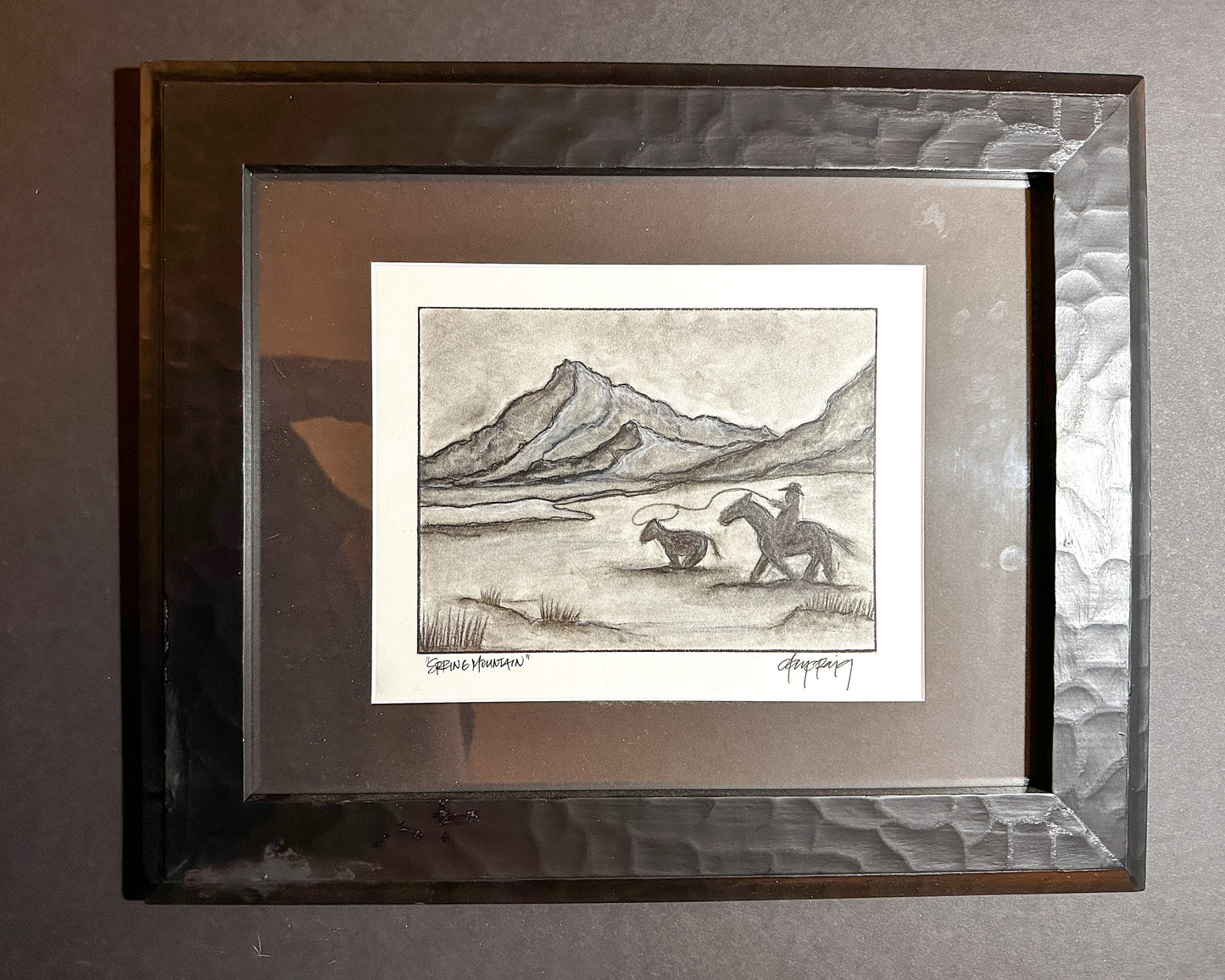 Spring Mountain, original framed charcoal landscape drawing