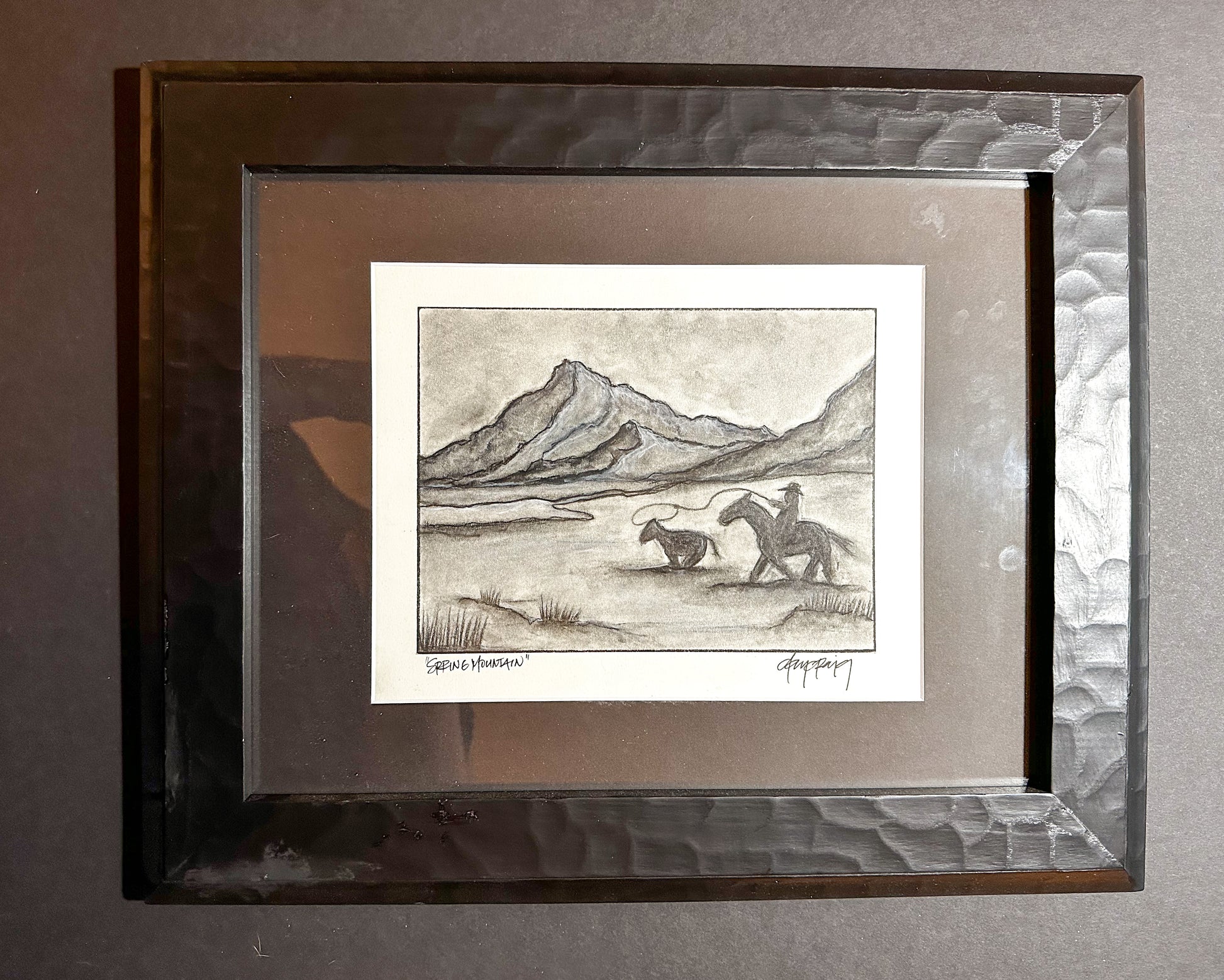 Spring Mountain, original framed charcoal landscape drawing