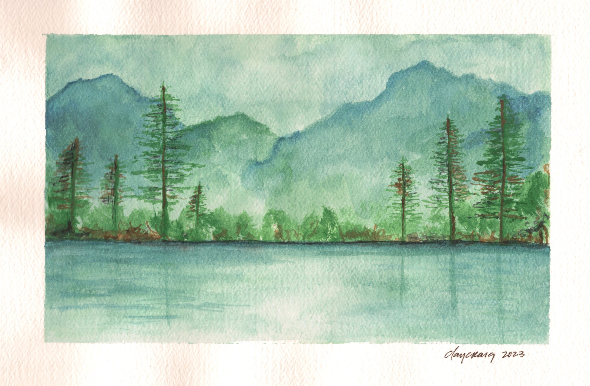 Watercolor mountain landscape sketch at sunset, original art