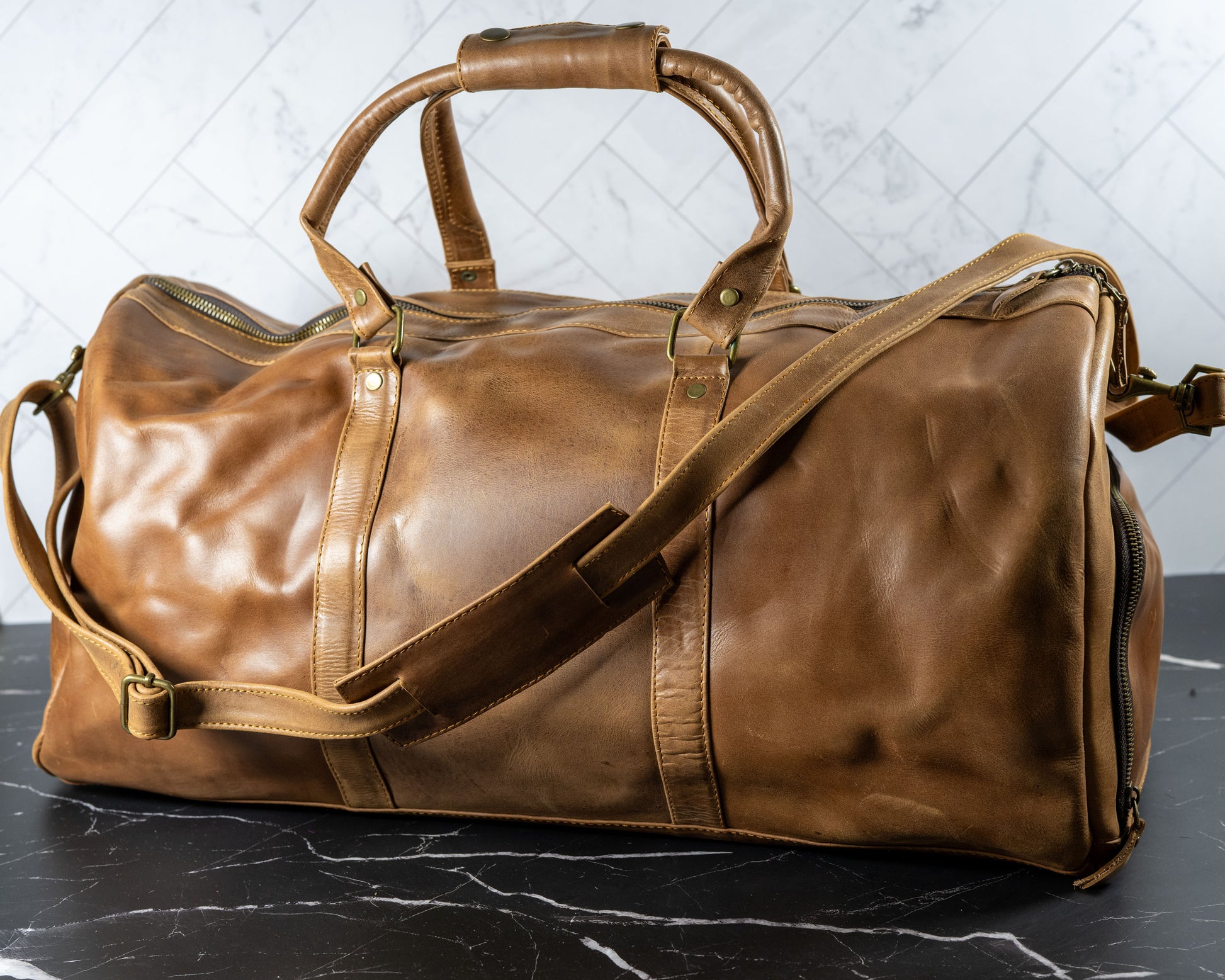 Genuine leather duffle travel bag