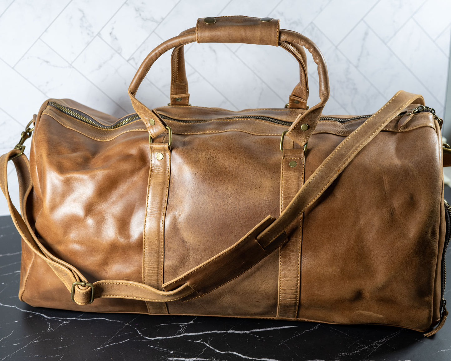 Genuine leather duffle travel bag, detail view