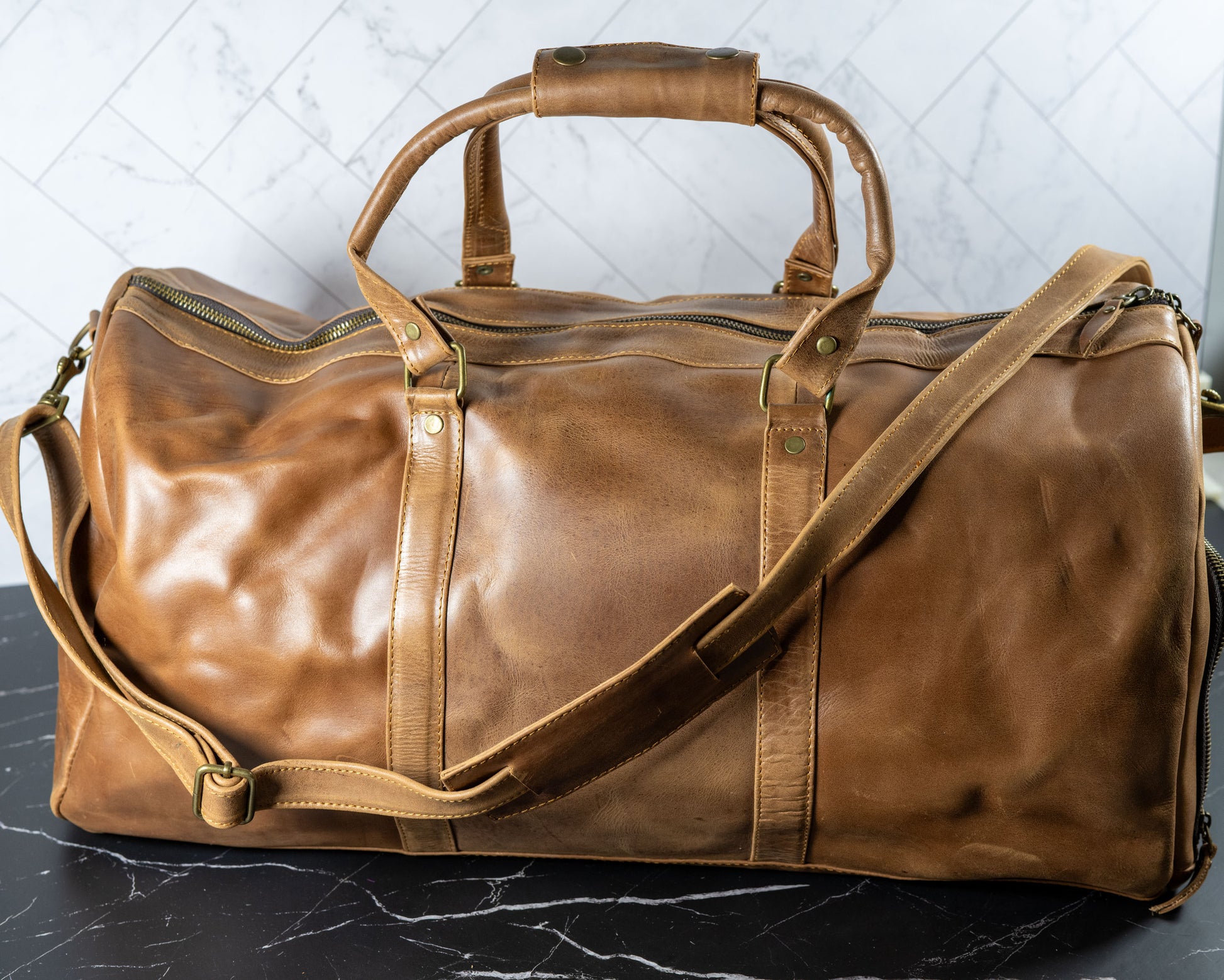 Genuine leather duffle travel bag, detail view