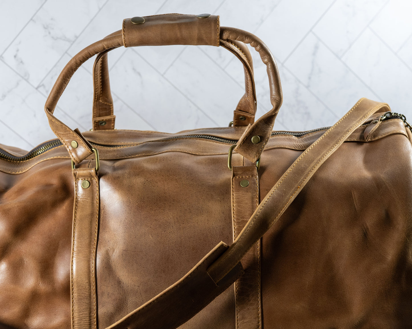 Genuine leather duffle travel bag, side view
