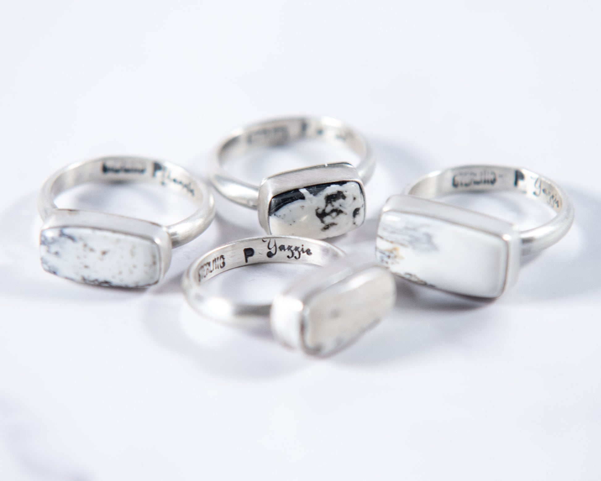 Black and white stacker ring by P. Yazzie, additional angle