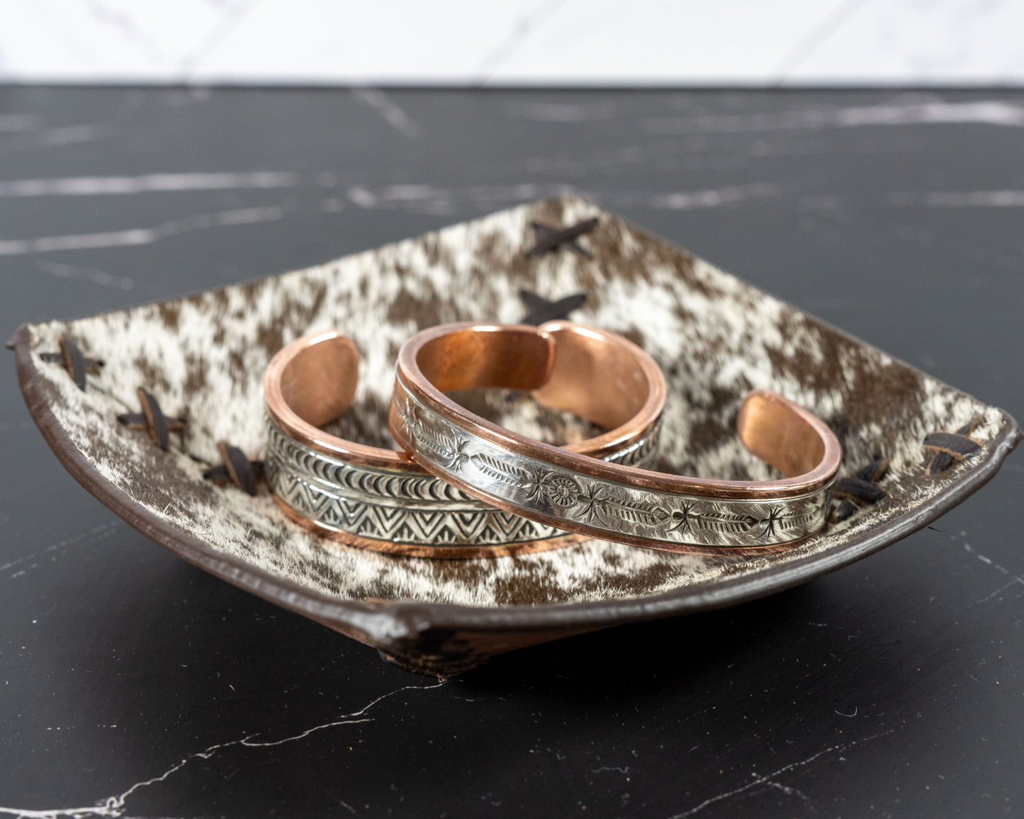 Cowhide and leather catch-all tray, additional view