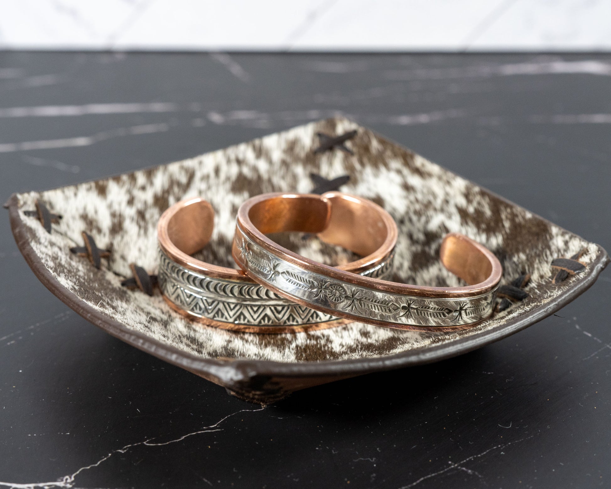 Cowhide and leather catch-all tray, additional view