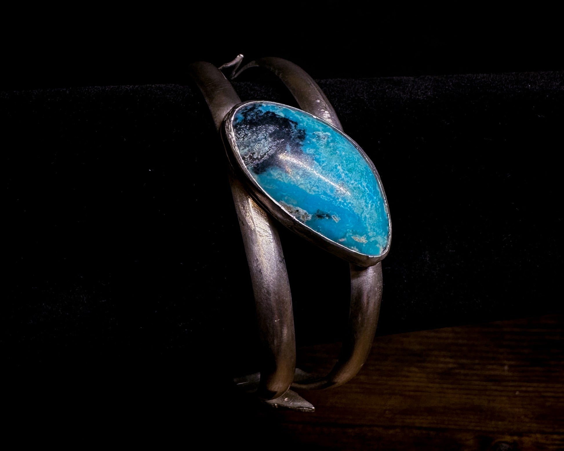 Sterling silver double-band cuff bracelet with turquoise stone, alternate view