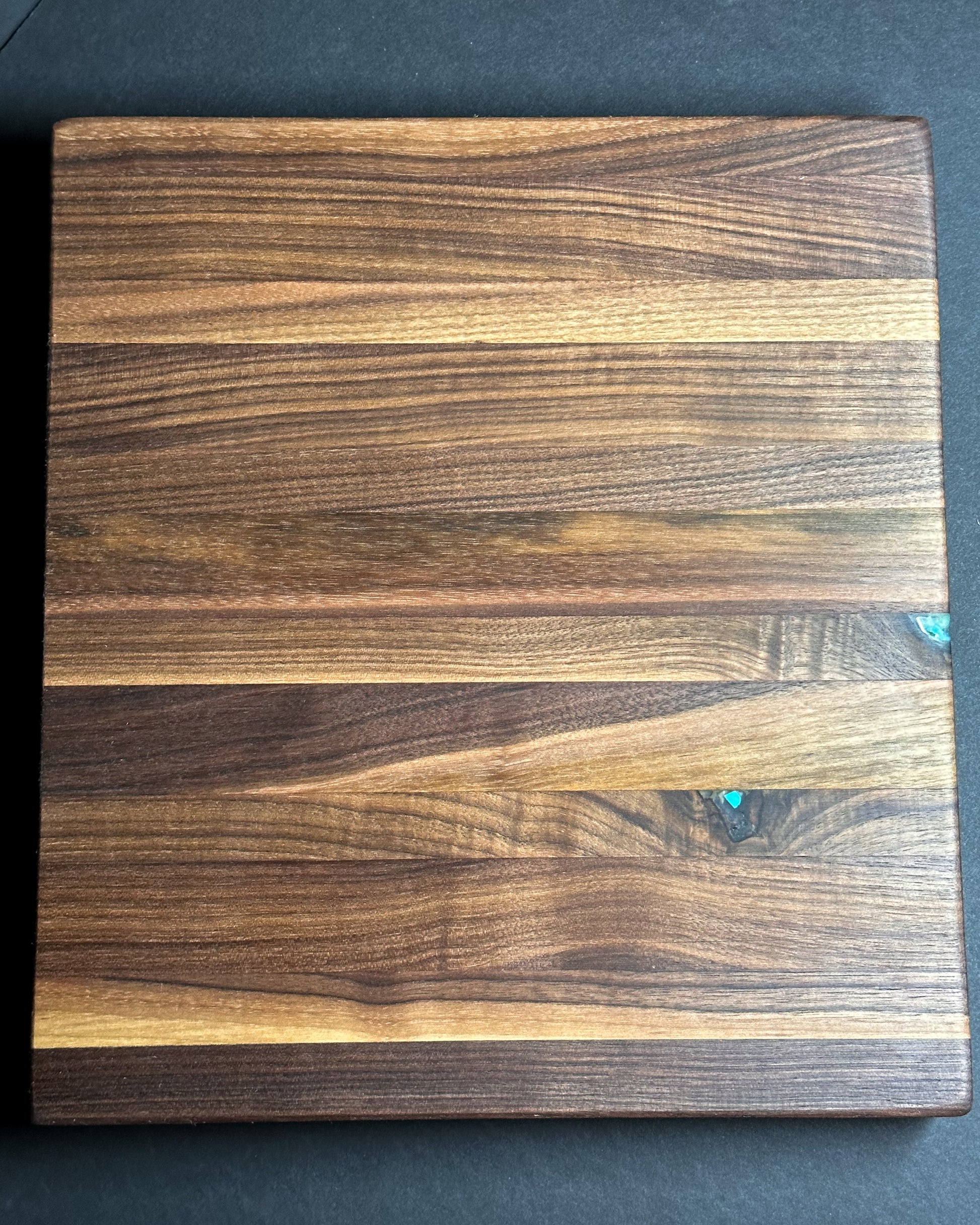 Black walnut cutting board with turquoise inlay, handmade woodwork