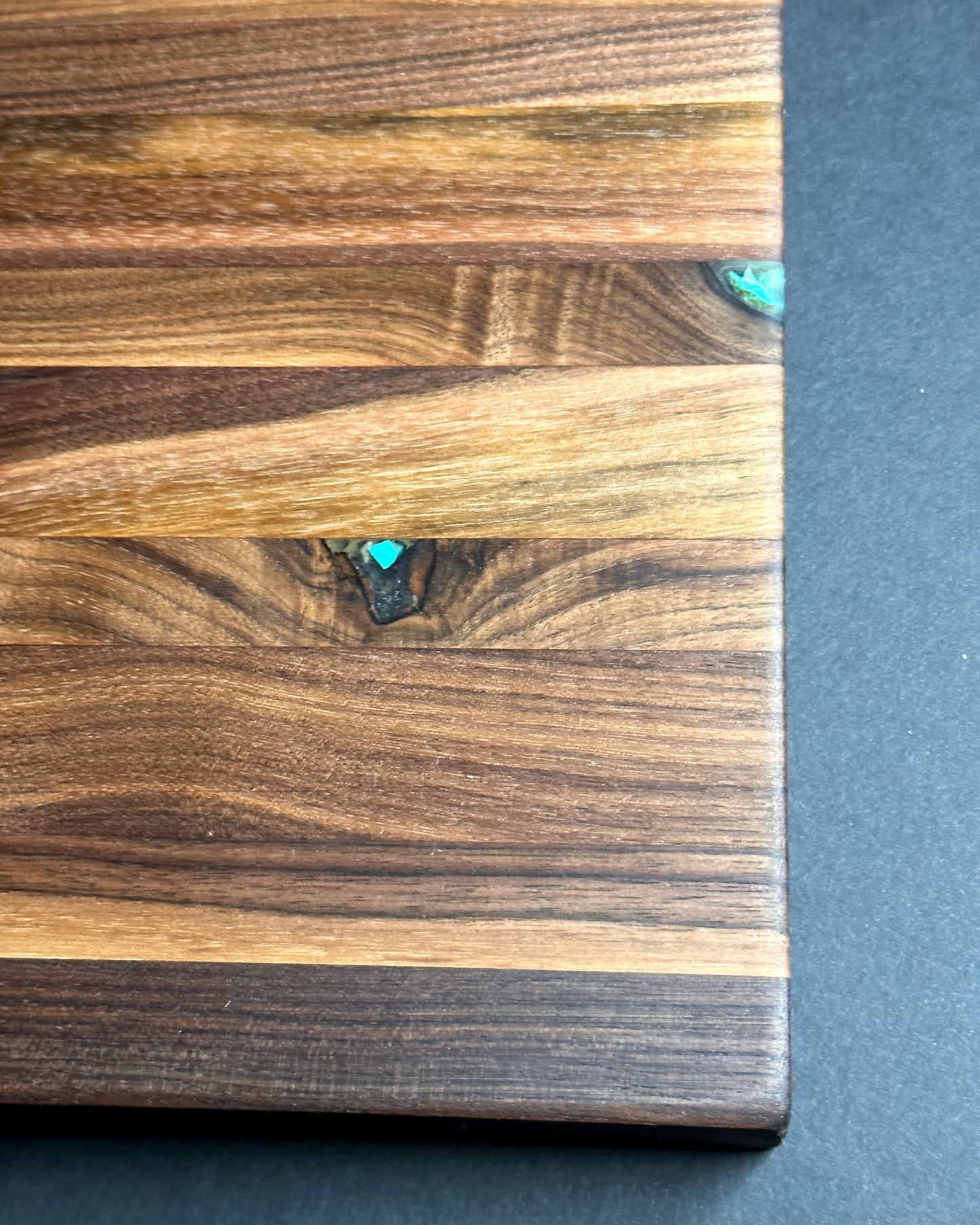 Black walnut turquoise inlay cutting board, detail view
