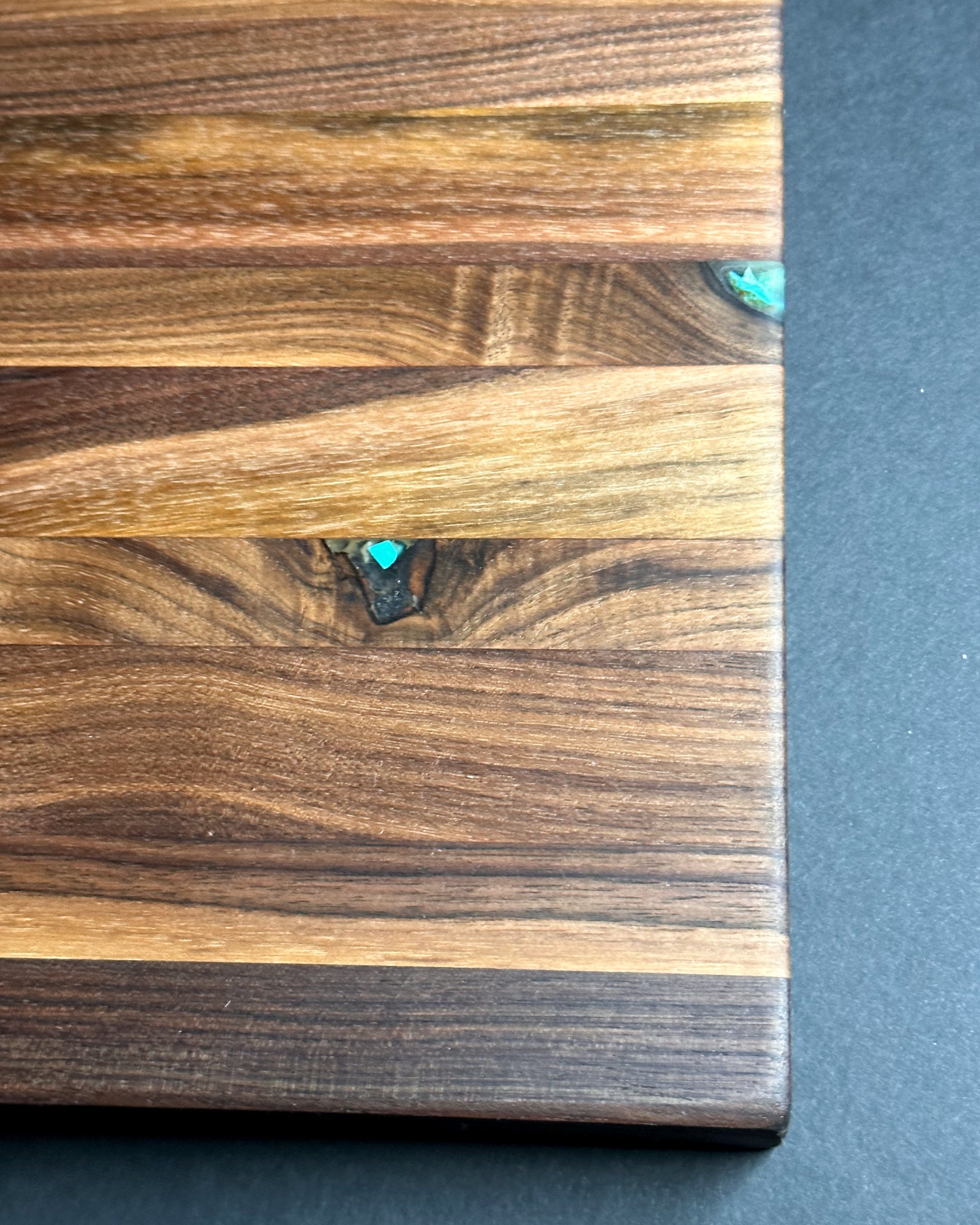 Black walnut turquoise inlay cutting board, detail view