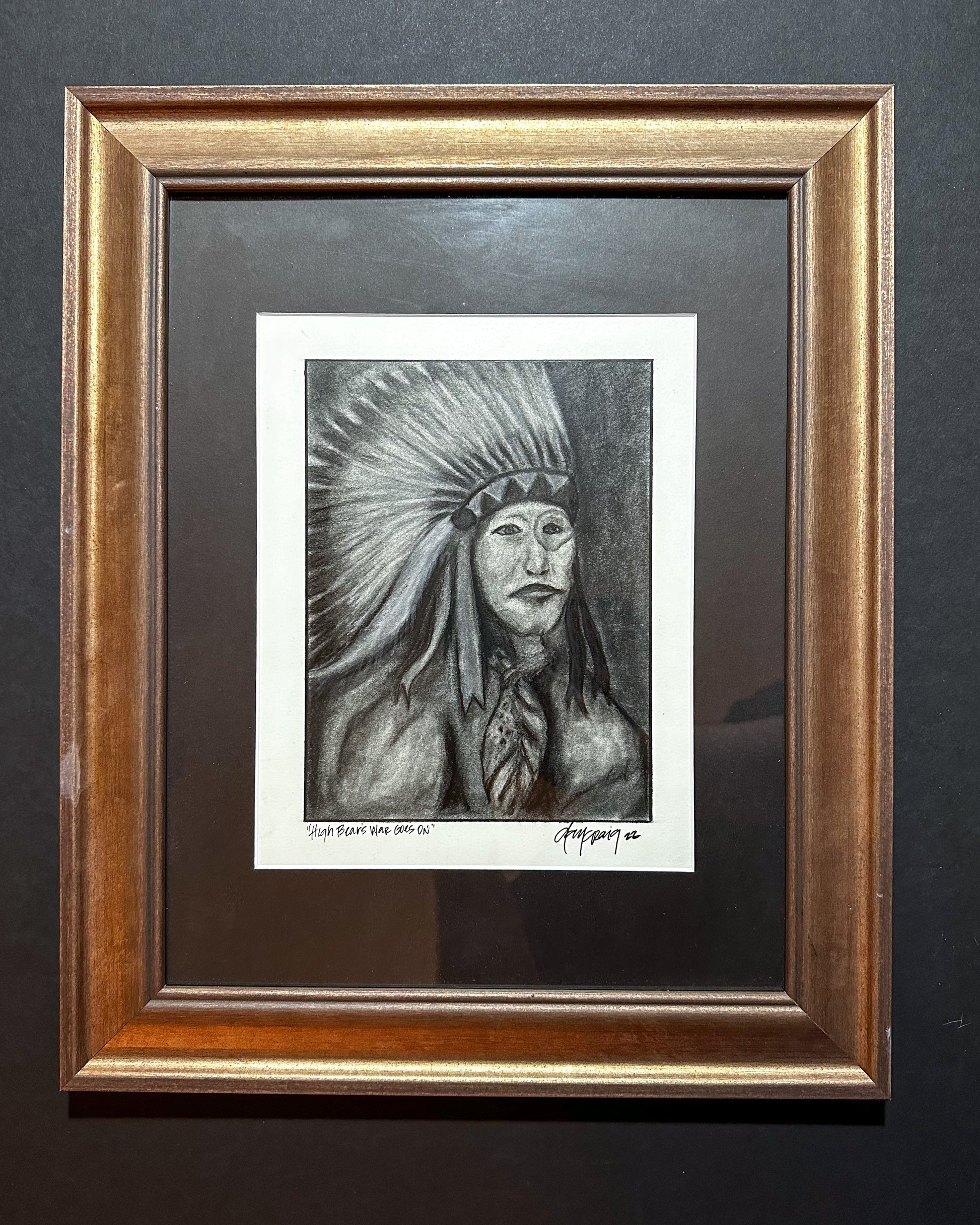 High Bear's War Goes On, original framed charcoal drawing